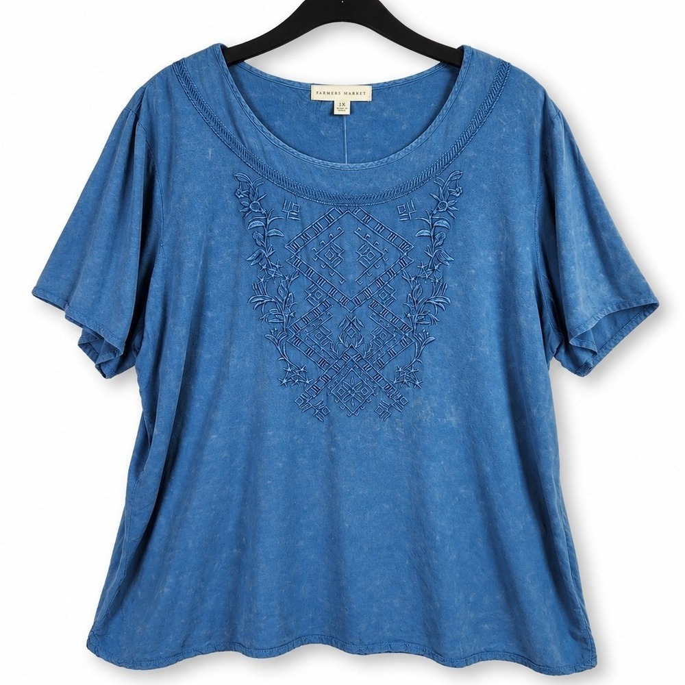 Farmers Market Embroidered Top Womens 1X Blue Short Sleeve Boho Peasant Office